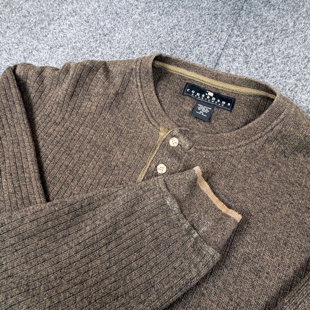 Consensus Sportswear Men XL Brown Ribbed Cttn Long Sleeve Henley Shirt Pullover
